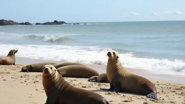 Coastal scene near Mar del Plata features sea lions basking representing South America's natural splendor. Sea lions rest on beach near Mar del Plata illustrating South America's rich biodiversity.