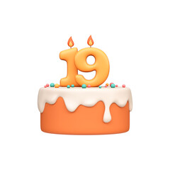 Cartoon 3D Birthday Cake with Candle Number 19.