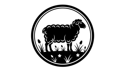 A black and white illustration of a sheep standing in grass, encircled by a thick border.