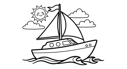 Simple black and white drawing of a sailboat on a body of water with clouds and sun.