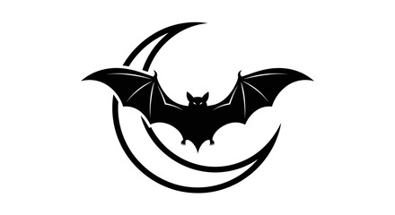 Silhouette of a bat flying near a crescent moon, on a plain white background.