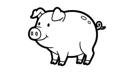 A cheerful cartoon pig, simple line drawing, black and white illustration.