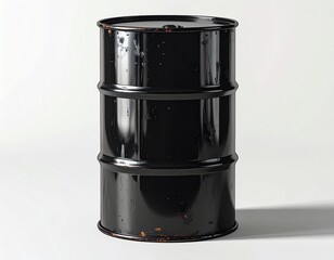 Black metal barrel with glossy finish and horizontal ridges on light surface, symbolizing industrial storage and transport.