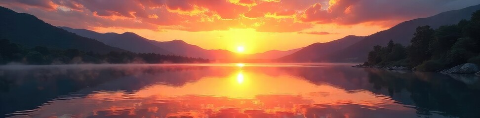 Fototapeta premium Vibrant sunrise over a tranquil lake, reflecting the peaceful energy of wellness and natural beauty Perfect for spa, yoga, and meditation themes , therapy, peaceful