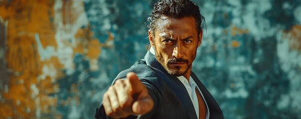 An intense man in a suit points forward with a determined expression against a textured weathered wall