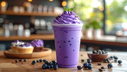 Purple smoothie drink on wooden table