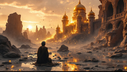 Golden Cityscape at Sunset: A Person Contemplates amidst Ruins and Sparkling Lights