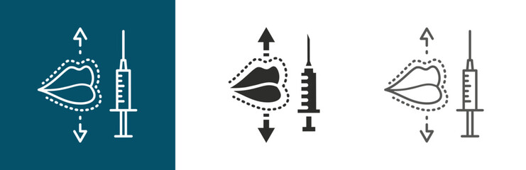 flat and linear set icons, lip augmentation procedure icon, lips simple symbols on white and black background - editable stroke vector illustration