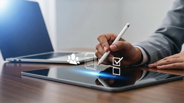 Person in light gray suit using stylus on tablet with holographic people documents and checkboxes icons, concept of applicant tracking and resume automation