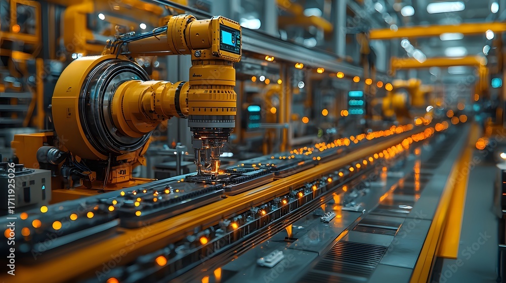 Poster A sophisticated yellow robotic arm operates on an automated assembly line in a modern high tech factory setting