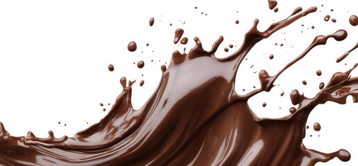A dynamic splash of chocolate isolated on transparent background, capturing the rich, smooth texture and fluid motion of the sweet treat in a captivating display