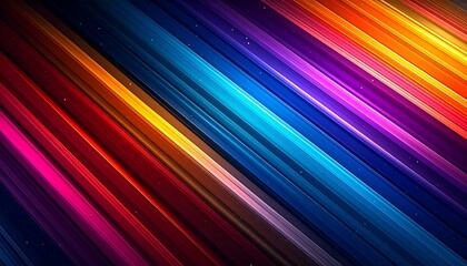 Diagonal, multicolored light streaks create an abstract, vibrant background with glowing effects. Streaks intersect creating a dynamic visual