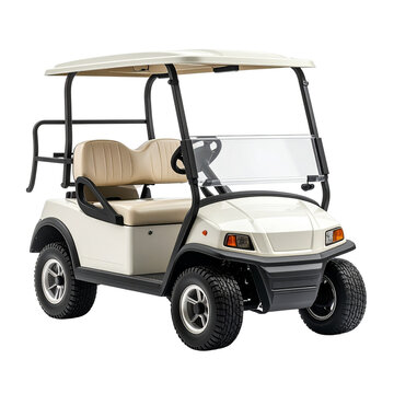 A white golf cart with a canopy roof and seating for two on a transparent background