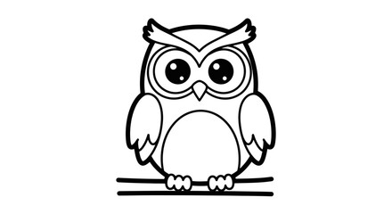 Cartoon owl illustration sitting on a branch, outlined in black and white.