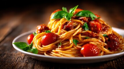 A tantalizing plate of spaghetti garnished with fresh basil and cherry tomatoes. This mouth-watering dish showcases the art of Italian cuisine and culinary delight in every bite.