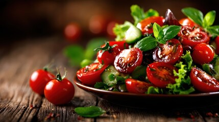 A vibrant salad featuring fresh cherry tomatoes, mixed greens, and basil. Perfect for summer meals or healthy snacking, bringing a touch of color to any dish.