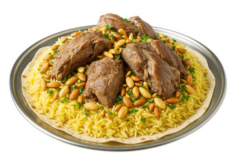 Traditional Jordanian Mansaf with lamb, yellow rice, pine nuts, and almonds on flatbread, Isolated on Transparent and White Background