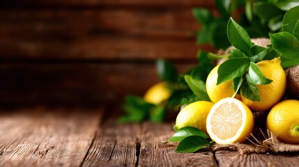 A beautiful arrangement of fresh lemons with leaves is set on a rustic wooden table, evoking a sense of freshness, vibrancy, and the essence of nature's bounty.