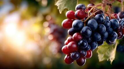 A close-up of a bunch of luscious grapes hanging among lush green leaves, embodying the richness of nature and the vitality of fresh produce in a beautiful setting.