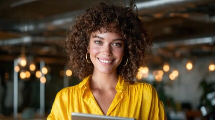 A happy woman smiles while holding a tablet in a modern café, reflecting confidence and positivity in a vibrant atmosphere, highlighting the beauty of human connection.