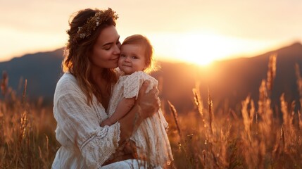 A tender moment of a mother holding her baby against a glowing sunset backdrop, symbolizing love, warmth, and the deep bond shared between parent and child in nature.