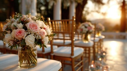 Captured during a beautiful wedding ceremony, this image showcases elegant floral arrangements with soft roses and greenery, epitomizing love and romance during sunset.