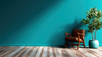 A serene and minimalistic living space is depicted, featuring a stylish wooden chair beside a vibrant potted plant against a cool turquoise wall, evoking relaxation and comfort.
