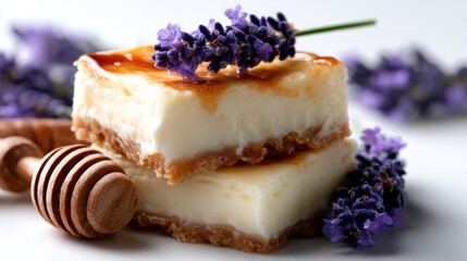 A delightful slice of cheesecake topped with lavender and honey, elegantly arranged to invoke a sense of indulgence and aesthetic pleasure in every bite.