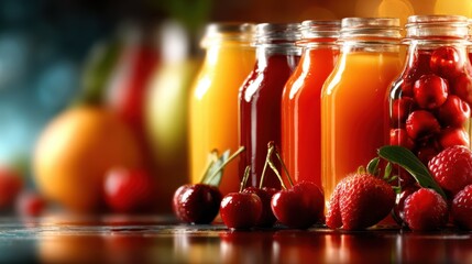 A beautiful display of colorful fruit juices in glass jars, accompanied by fresh cherries and strawberries, inviting viewers to enjoy a refreshing beverage.