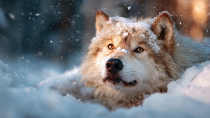 A stunning wolf with a thick coat of fur sits in a snowy landscape, blending naturally with its surroundings while showcasing the beauty of wildlife in winter.