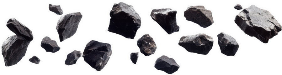 Obraz premium Pile of coal isolated on transparent background shows various sizes and shapes, with jagged edges and rough surfaces, suggesting energy source and industrial use