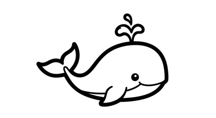 Cartoon illustration of a cute, smiling whale spouting water, outlined in black on a white background.