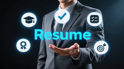 Professional man in gray suit extending hand with glowing resume icons around, symbolizing achievements, applicant tracking and digital resume screening