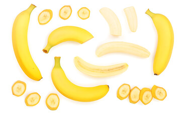 Assortment of Fresh Ripe Bananas and Slices on White Surface Healthy Fruit, Organic Snack, Tropical Food and Nutritious Breakfast