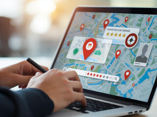 Person using laptop to manage online local business listings and reviews