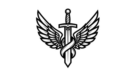 A stylized emblem featuring a sword with wings and a ribbon, suggesting a powerful, winged warrior.