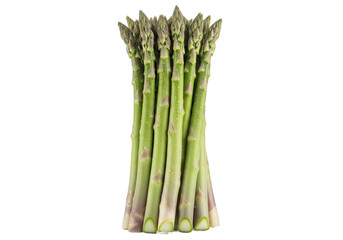 Fresh asparagus stalks arranged upright against a plain background, showcasing vibrant green color and texture
