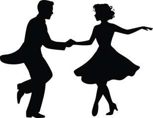 Silhouette of dancing couple, elegant dance pose, retro style clothing, joyful moment, classic dance, man and woman, movement, vintage dress, partner dance, celebration, romance, entertainment.
