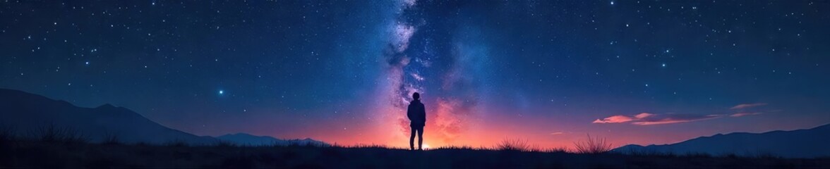 Fototapeta premium A solitary figure silhouetted against a vast, star-filled night sky, conveying a sense of peaceful introspection and spiritual connection despite isolation , disconnect, spiritual awakening, wonder