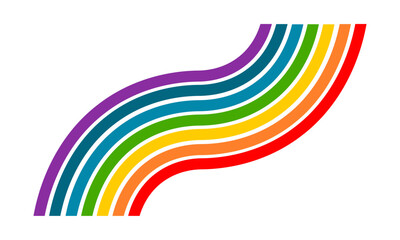 Vibrant seven-color rainbow wave with parallel curved lines forming an abstract flowing shape on a white background