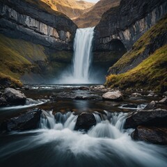 Fototapeta premium Long exposure of waterfall creating silky smooth water flow, close up
