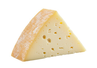 Isolated wedge of Swiss Emmental cheese block close-up macro against plain backdrop, soft ripened