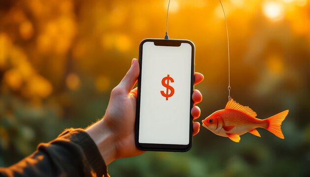 Hand Holding Smartphone with Dollar Sign, Goldfish on Hook, Sunset Background - Powered by Adobe