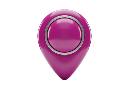 Isolated glossy pink map pointer or marker, chrome outline, location indicator icon