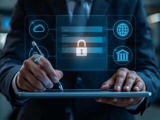 Businessman uses tablet with digital security interface and glowing padlock icon