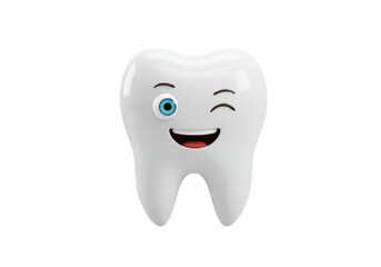Isolated cartoon grinning molar with wink, 3D rendering, dentistry smile for health