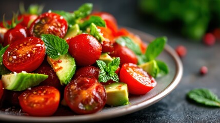 A vibrant salad featuring diced avocados and cherry tomatoes, adorned with fresh mint leaves, celebrates fresh ingredients and healthy eating, appealing to vibrant lifestyle choices.
