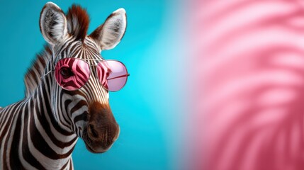 A cool zebra wearing trendy pink sunglasses poses against a vivid blue background, combining elements of fun and creativity in an artistic representation of wildlife.