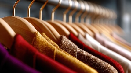 A close-up view of colorful clothing hangers neatly arranged, showcasing a variety of apparel and illustrating a sense of style and fashion in a retail context.