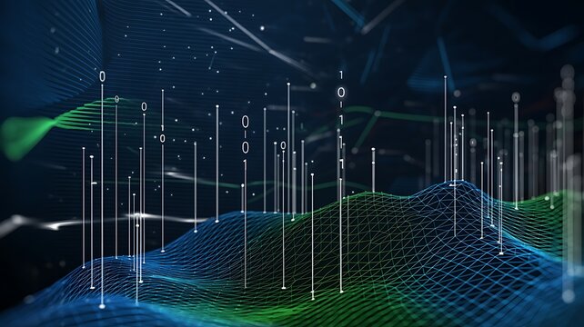 Abstract digital illustration showcasing data visualization concept with binary code and a three dimensional wireframe landscape